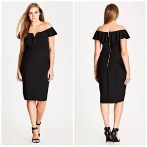 City Chic Off Shoulder Plunge Frill Sheath Dress size 22 XL Black NWT